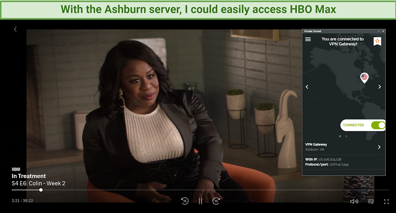 Screenshot of In Treatment streaming on HBO Max, unblocked with Private Tunnel's Ashburn server