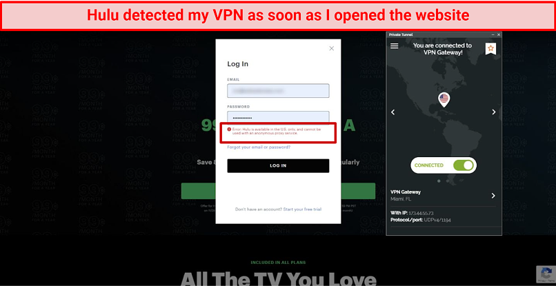 Screenshot of Hulu's error message - it detected my VPN while connected to Private Tunnel's Florida server.