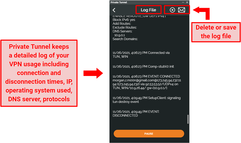 Screenshot of Private Tunnel's in-app log file on Windows