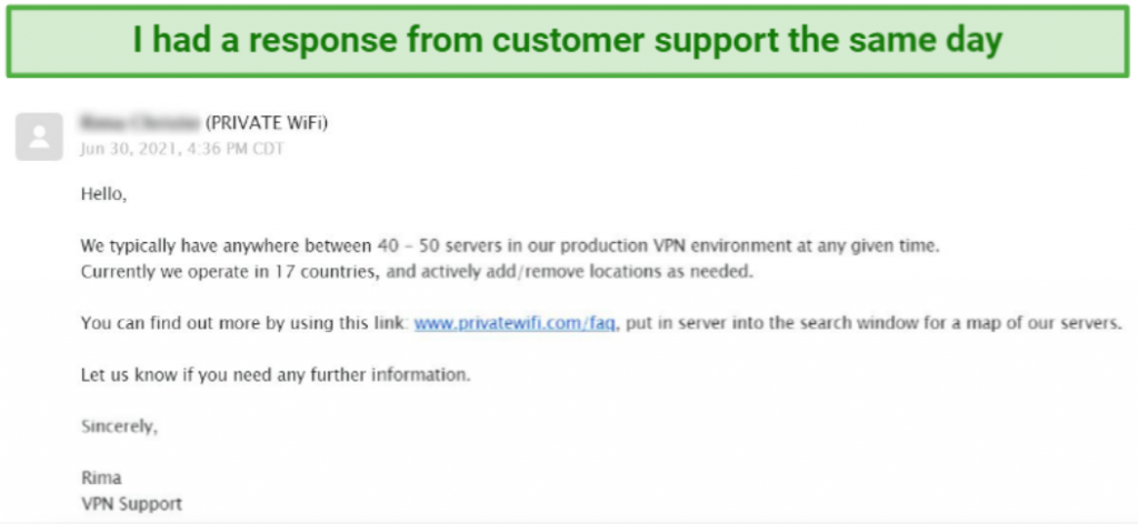 screenshot of private wifi's email support reply