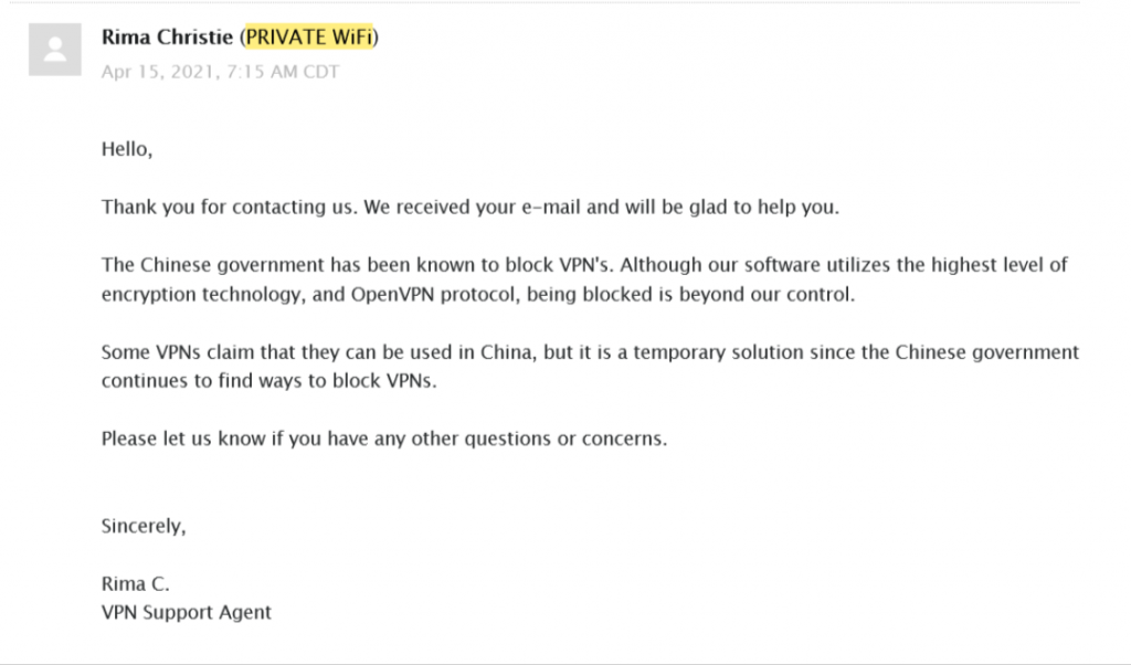 A screenshot of customer service confirming Private WiFi doesn't work in China.