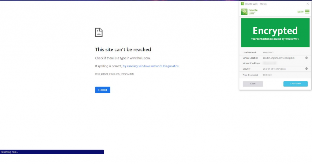 A screenshot of Private WiFi VPN failing to unblock Hulu