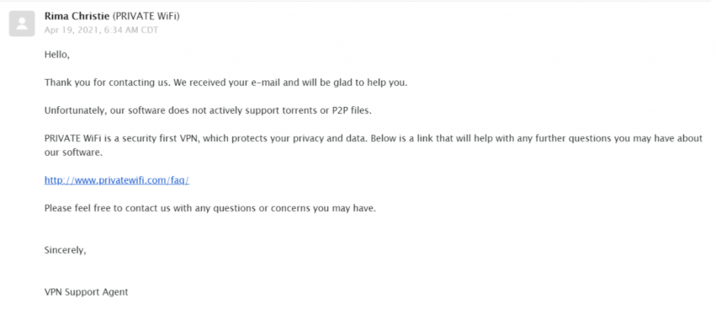 A screenshot of Private WiFi's customer support confirming it doesn't support P2P.