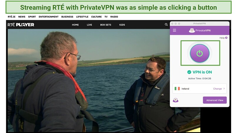 Screenshot showing PrivateVPN unblocking RTE and the simple interface of the app