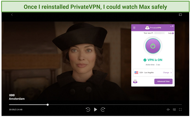 Screenshot of Max player streaming Amsterdam while connected to PrivateVPN
