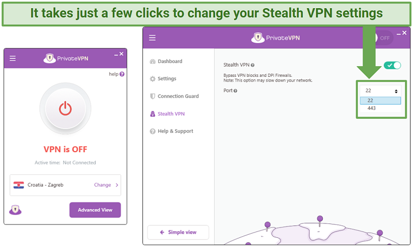 A screenshot showing PrivateVPN's StealthVPN settings