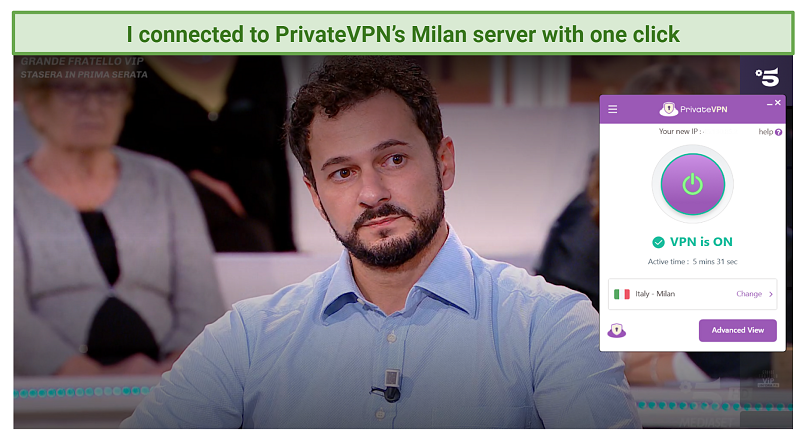Screenshot of PrivateVPN app while connected to Italy Milan server