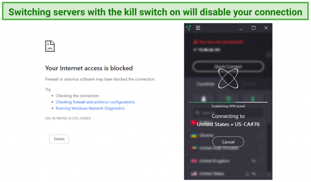 Screenshot of ipleak.net showing the kill switch blocking internet traffic while ProtonVPN switched servers
