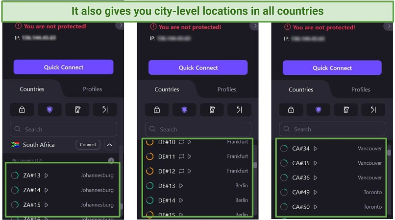 A screenshot showing Proton VPN offers city-level servers