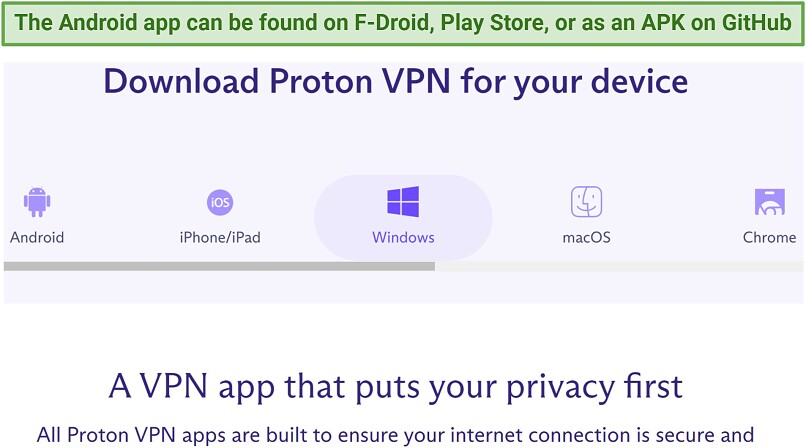 A screenshot showing Proton VPN's download page along with the device supported by the VPN