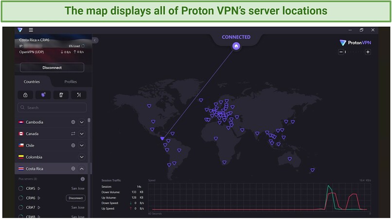 A screenshot showing Proton VPN's home screen while connected to a server