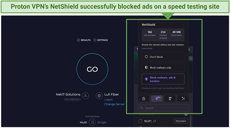 A screenshot showing Proton VPN's NetShield excels at filtering out ads, blocking trackers, and saving data