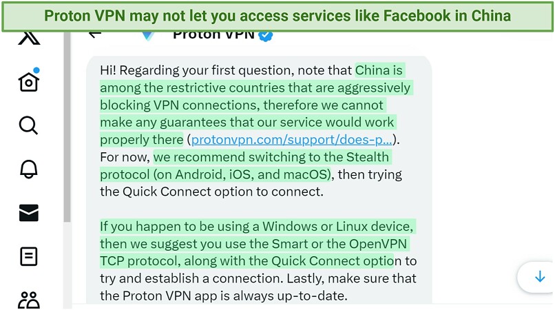 A screenshot showing Proton VPN's support team confirming the VPN may work in China