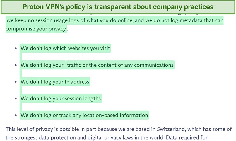A screenshot showing Proton VPN doesn't log sensitive information like IP address, traffic logs, and session lengths