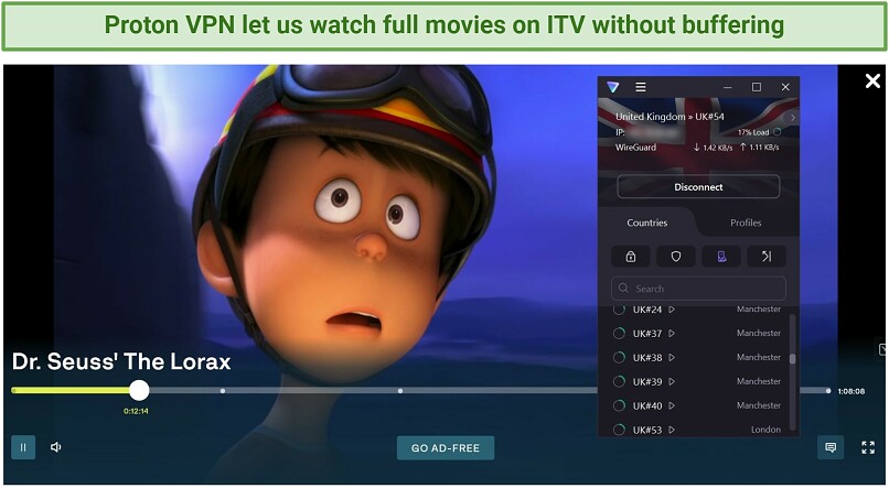 A screenshot of ITV streaming Dr. Seuss' The Lorax while connected to Proton VPN's UK streaming-optimized server