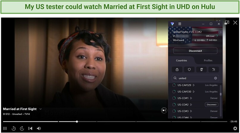 A screenshot of Hulu streaming Married at First Sight while connected to Proton VPN's US streaming-optimized server