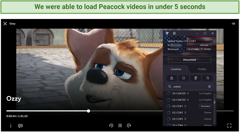 A screenshot of Peacock streaming Ozzy while connected to Proton VPN's US streaming-optimized server