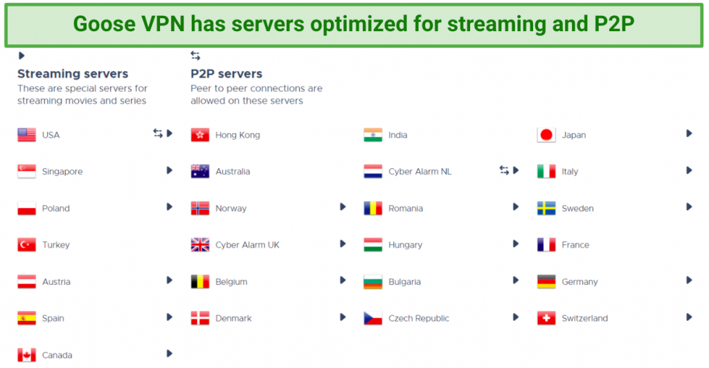 Image showing Goose VPN servers listed for streaming and P2P