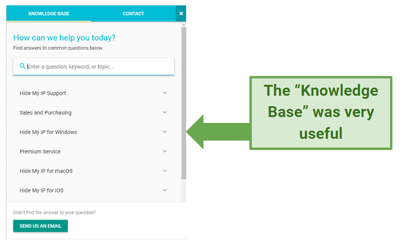 Screenshot showing Hide My IP's Knowledge Base