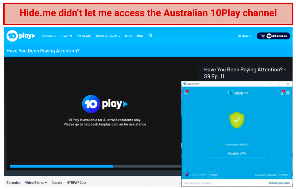 Image showing Play10 blocked after connecting to a Hide.me server in Australia