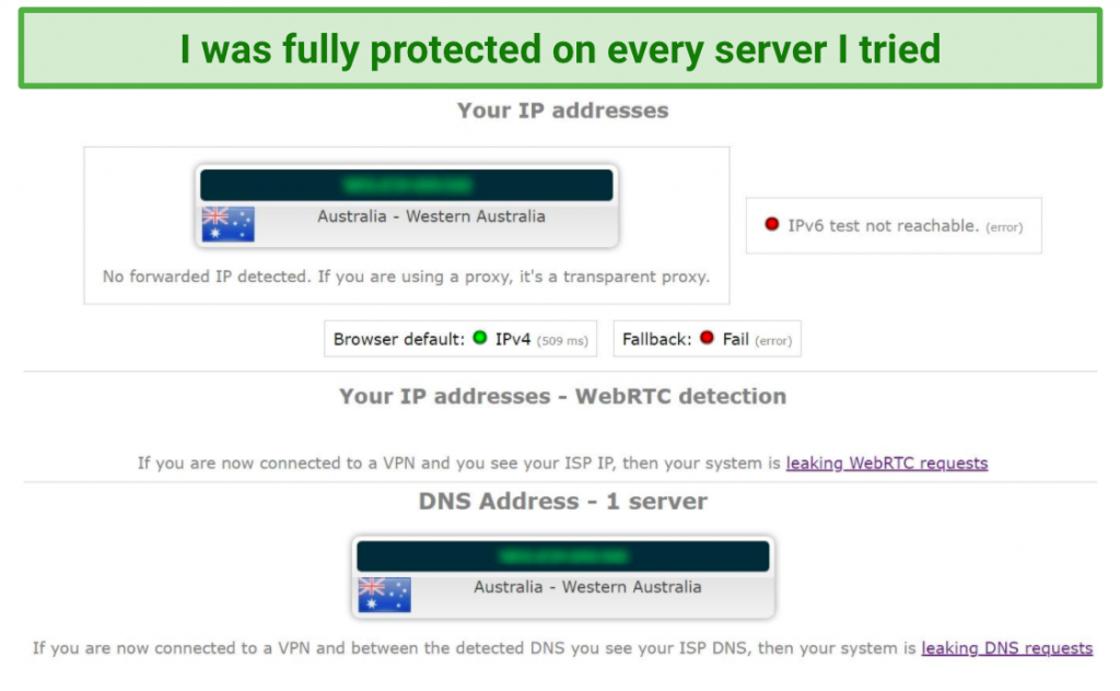 Image showing additional leak test with no DNS, IP, WebRTC, or IPv6 leaks