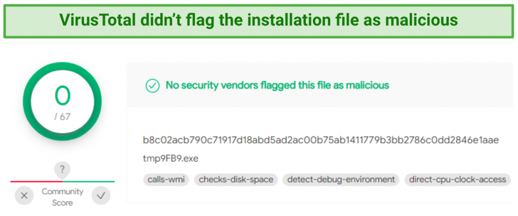 Image showing VirusTotal scan results with no malicious findings for Hide.me installation file