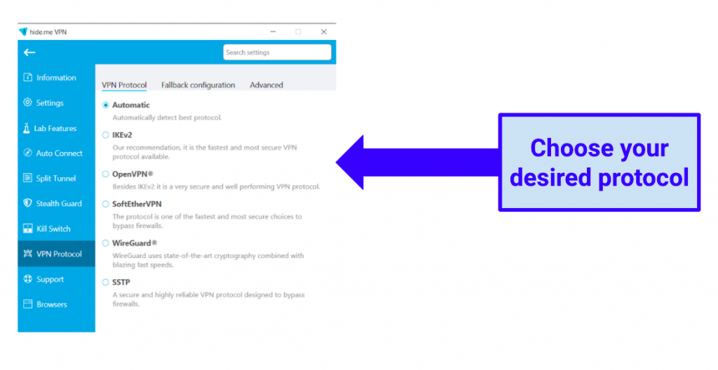 Image showing protocol options in Windows app