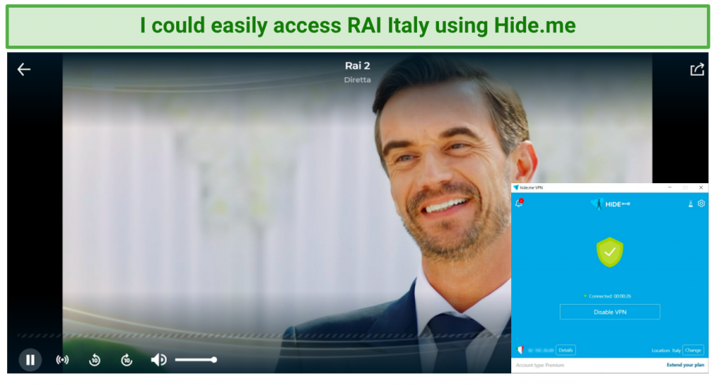 Image showing RAI unblocked after connecting to a Hide.me server in Italy