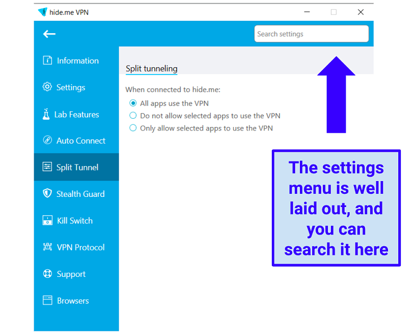 Image showing searchable settings menu in Windows app