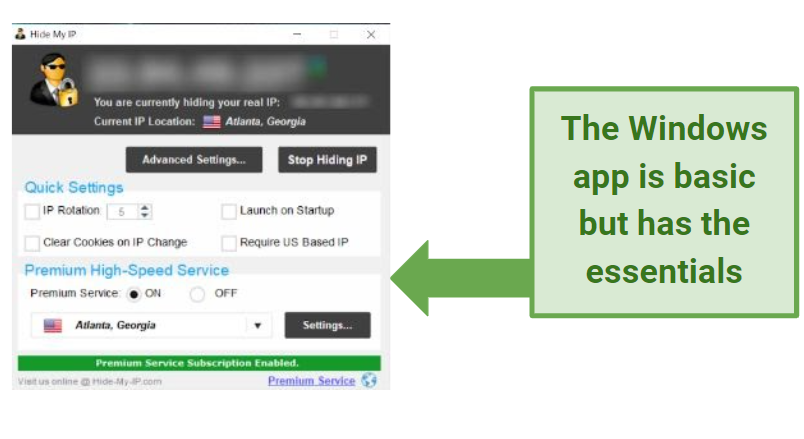 Screenshot showing basic functions of Hide My IP Windows app