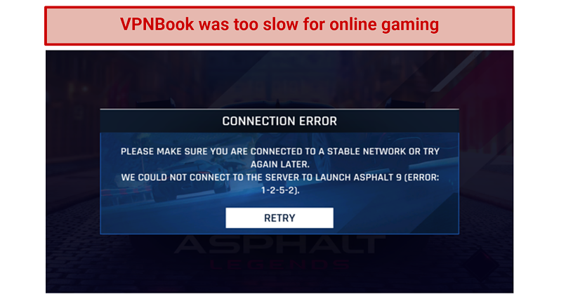 Image showing VPNBook unable to load an online racing game