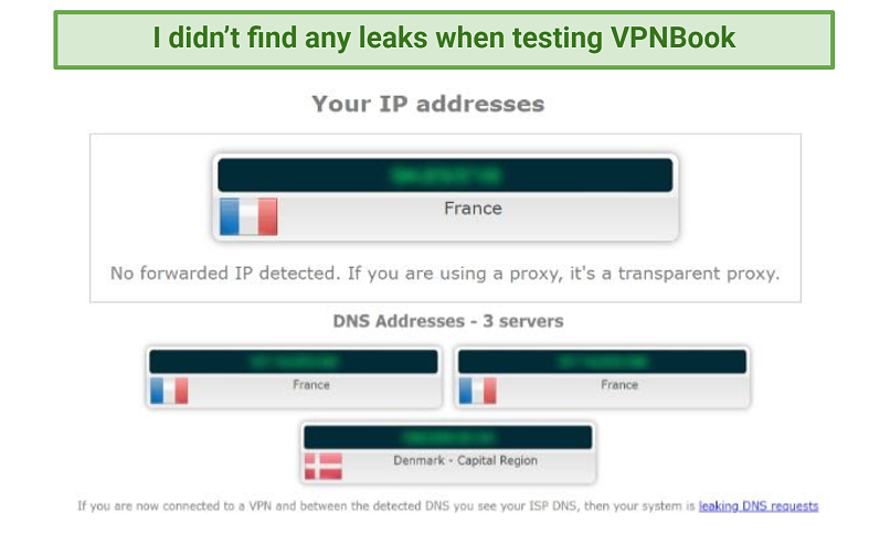 Image showing VPNBook leak test with no IP, DNS, WebRTC, or IPv6 leaks