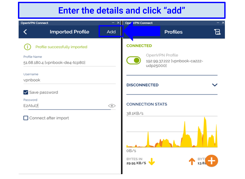 Image showing OpenVPN app with completed VPNBook setup