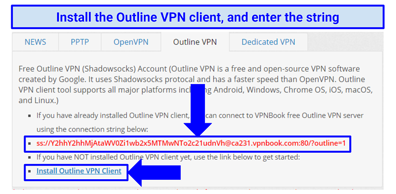 Image showing VPNBook's Outline VPN installation instructions