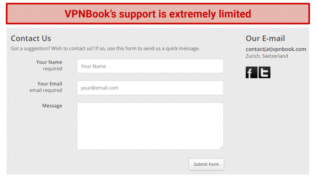 Image showing VPNBook's online support form