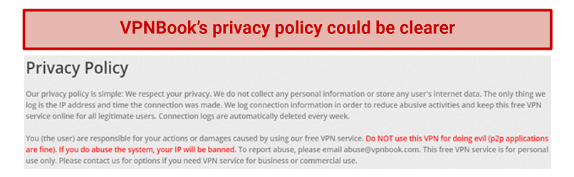 Image showing VPNBooks vague privacy policy