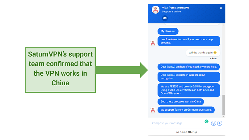 screenshot of SaturnVPN's support answer regarding its functionality in China