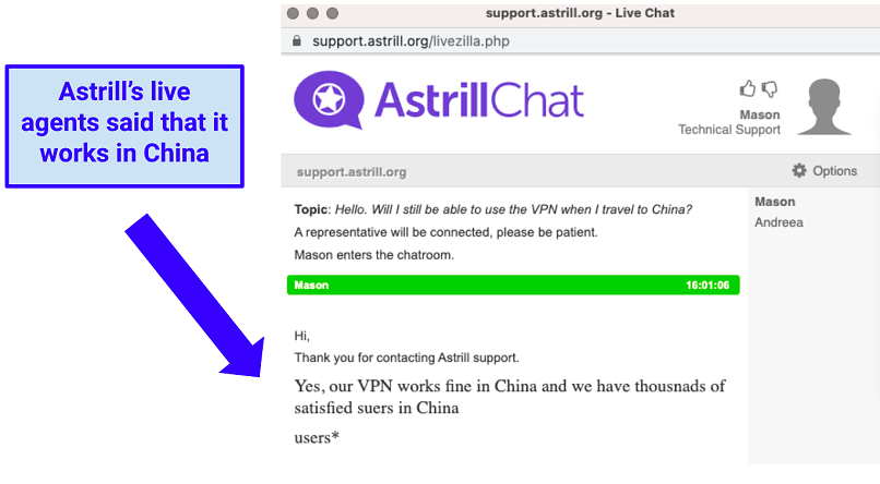 screenshot of astrill's live chat support