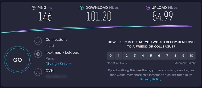 A screenshot of Seedboxes.cc's speeds in Paris