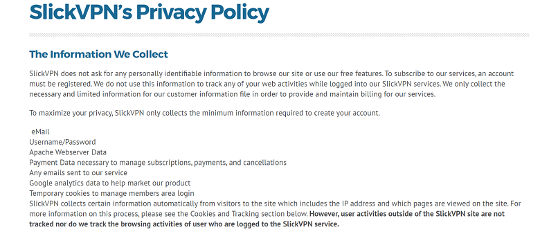 A screenshot of SlickVPN's privacy policy about the information that it collects