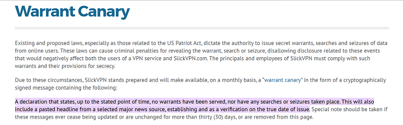 A screenshot of SlickVPN's warrant canary from its website