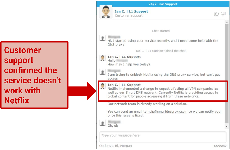 screenshot of Smart DNS Proxy support answer