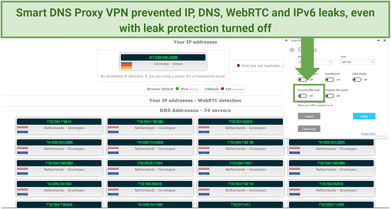 A screenshot of Smart DNS Proxy's leak protection working successfully