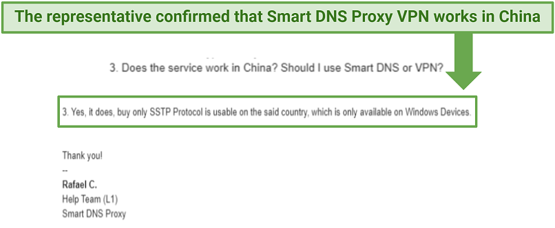 Screenshot of Smart DNS Proxy VPN representative confirming that the service works in China, with some limitations