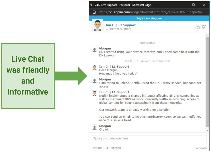 Graphic showing Smart DNS Proxy's live chat