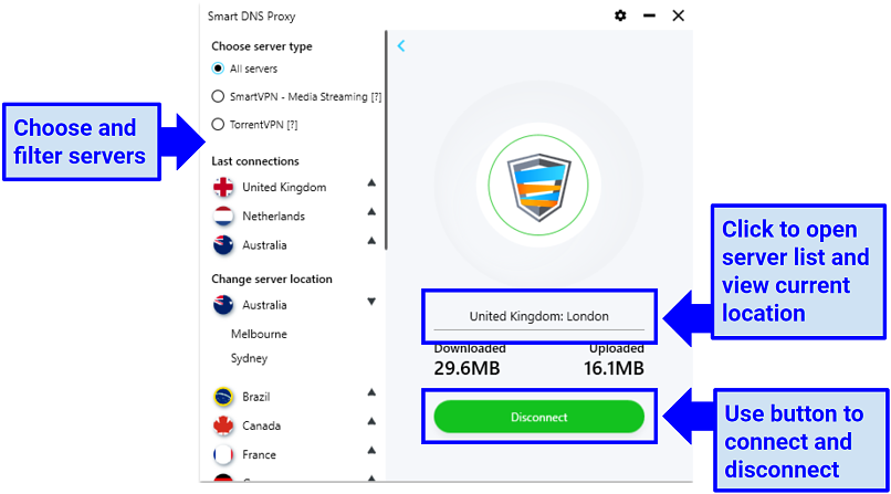 Screenshot of Smart DNS Proxy VPN Windows app