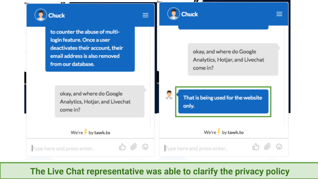 A screenshot of FastestVPN's live chat support answering a query about how the VPN uses Google Analytics, Hotjar, and Livechat