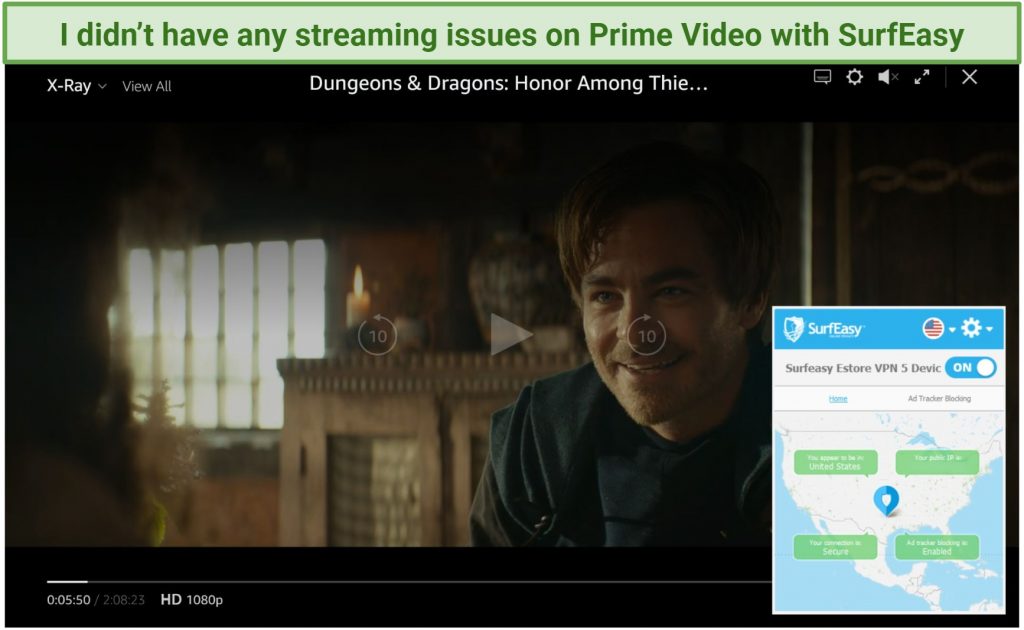 Screenshot of Amazon Prime Video player streaming Dungeons & Dragons while connected to SurfEasy's US server