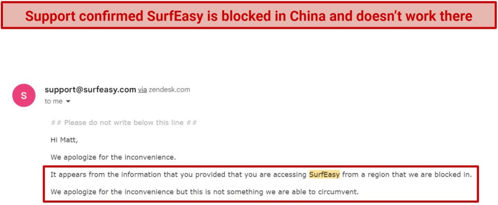Screenshot of an email from SurfEasy staff confirming the VPN doesn't work in China