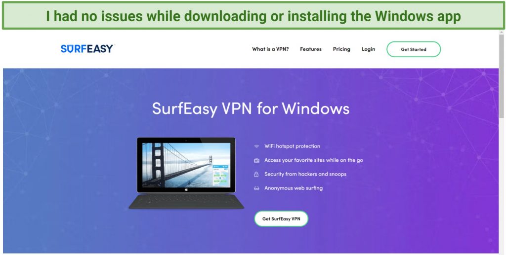 Screenshot of SurfEasy's Windows download page from its website